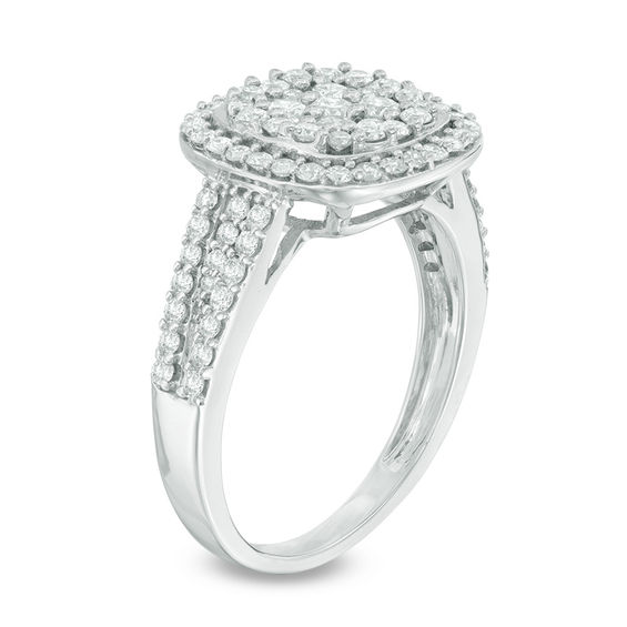 1 CT. T.w. Multi-Diamond Cushion Frame Engagement Ring in 14K White Gold