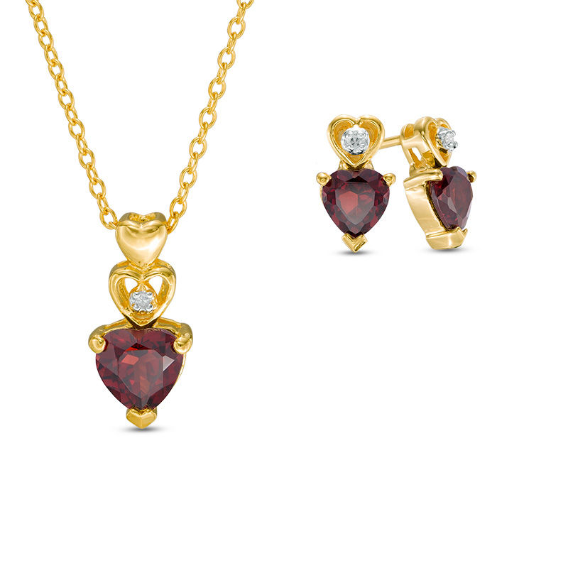 Main Image 1 of Heart-Shaped Garnet and Diamond Accent Pendant and Earrings Set in Sterling Silver with 18K Gold Plate