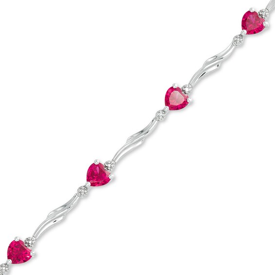 5.0mm Heart-Shaped Lab-Created Ruby and Diamond Accent Station Bracelet in Sterling Silver - 7.25"