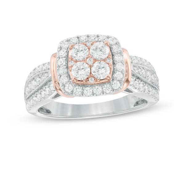 1 CT. T.w. Cushion-Shaped Multi-Diamond Frame Engagement Ring in 14K Two-Tone Gold