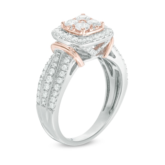 1 CT. T.w. Cushion-Shaped Multi-Diamond Frame Engagement Ring in 14K Two-Tone Gold