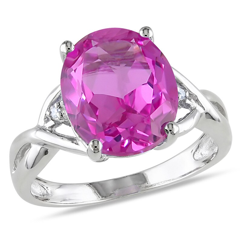 Main Image 1 of Oval Lab-Created Pink Sapphire and Diamond Accent Twist Ring in Sterling Silver