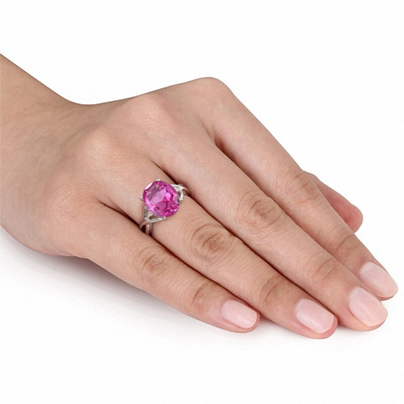 Main Image 3 of Oval Lab-Created Pink Sapphire and Diamond Accent Twist Ring in Sterling Silver