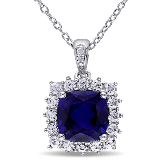 8.0mm Cushion-Cut Lab-Created Blue and White Sapphire and Diamond Accent Frame Pendant in Sterling Silver 8.0mm Cushion-Cut Lab-Created Blue and White Sapphire and Diamond Accent Frame Pendant in Sterling Silver