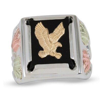 Sterling Silver 12k Green and Rose Gold Black Hills Gold Motif Mens Eagle Onyx Ring Sterling Silver 12k Green and Rose Gold Black Hills Gold Motif Mens Eagle Onyx Ring