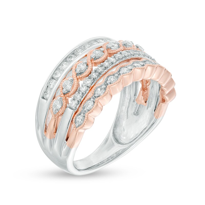 Main Image 2 of 5/8 CT. T.W. Diamond Multi Row Vintage-Style Anniversary Band in 10K Two-Tone Gold