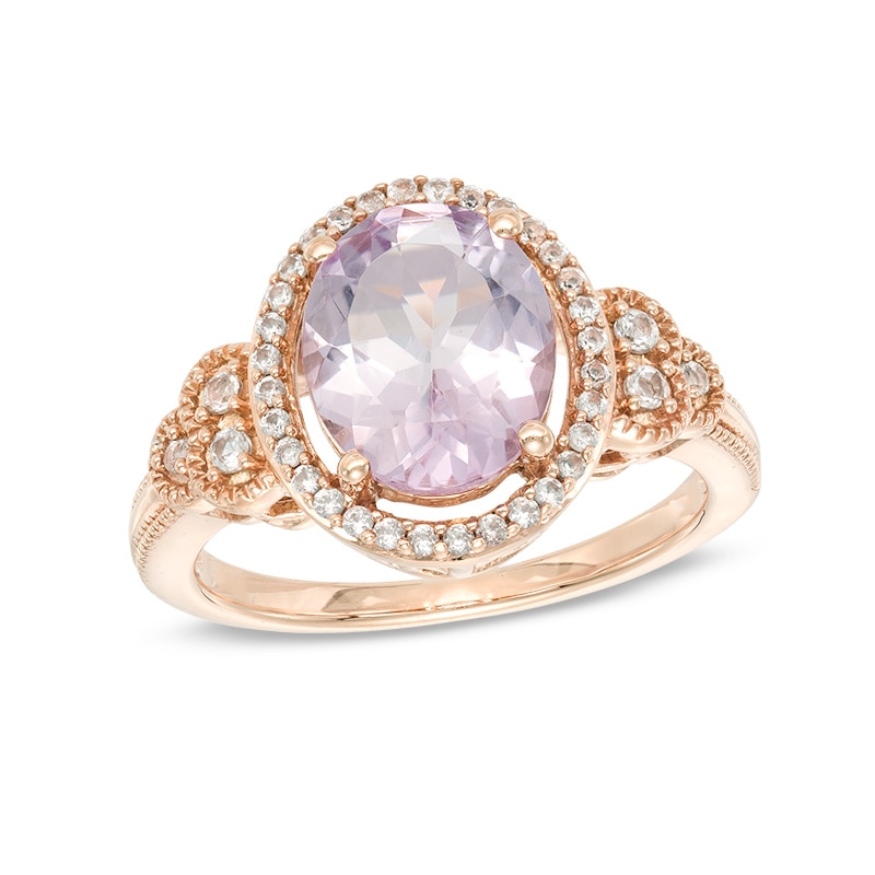 Main Image 1 of Oval Rose de France Amethyst and Lab-Created White Sapphire Frame Ring in 10K Rose Gold