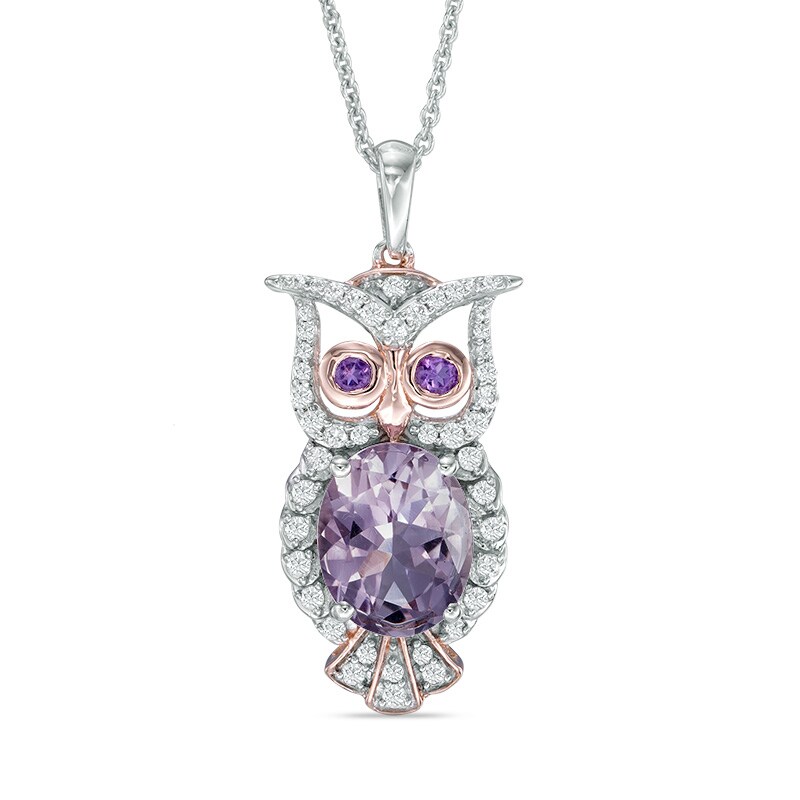 Main Image 1 of Oval Rose de France Amethyst and Lab-Created White Sapphire Owl Pendant in Sterling Silver and 14K Rose Gold Plate