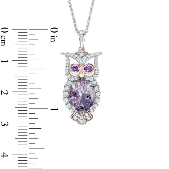 Oval Rose de France Amethyst and Lab-Created White Sapphire Owl Pendant in Sterling Silver and 14K Rose Gold Plate