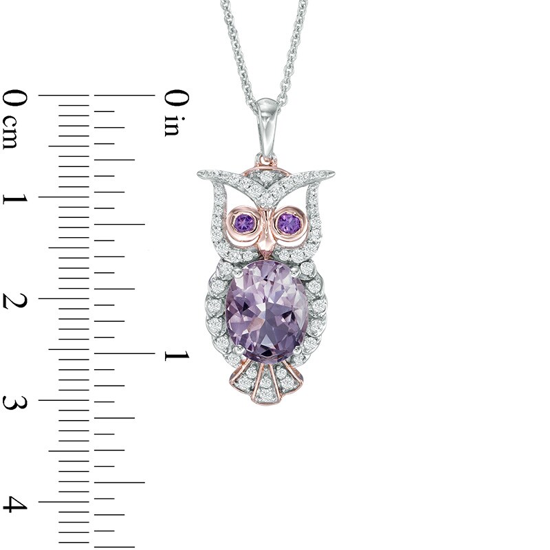 Main Image 2 of Oval Rose de France Amethyst and Lab-Created White Sapphire Owl Pendant in Sterling Silver and 14K Rose Gold Plate