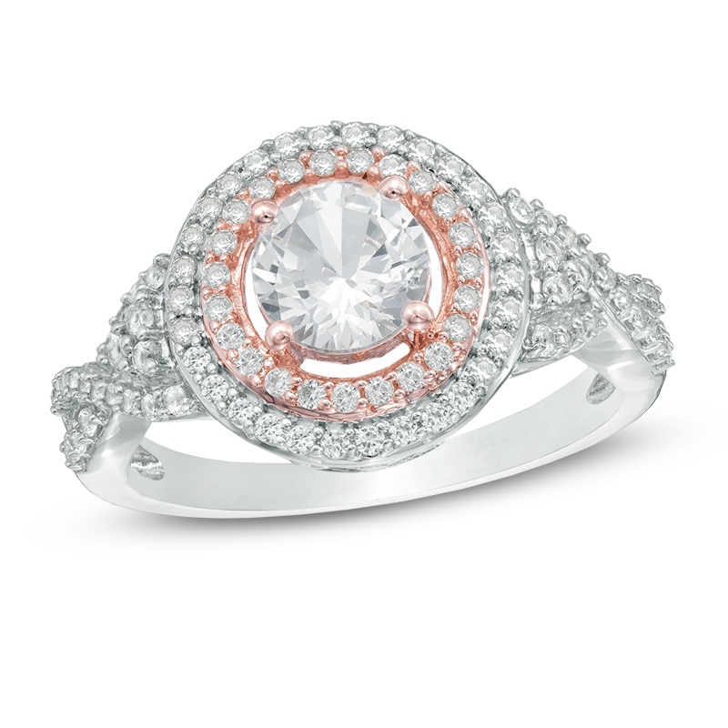 Main Image 1 of 6.0mm Lab-Created White Sapphire Double Frame Ring in Sterling Silver with 14K Rose Gold Plate