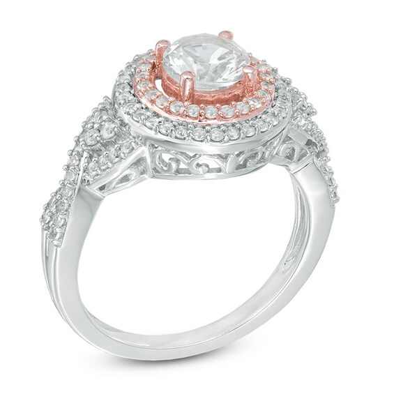 6.0mm Lab-Created White Sapphire Double Frame Ring in Sterling Silver with 14K Rose Gold Plate