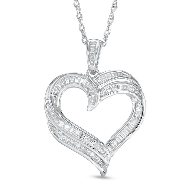 Main Image 1 of Baguette Lab-Created White Sapphire Double Row Heart Pendant in Sterling Silver