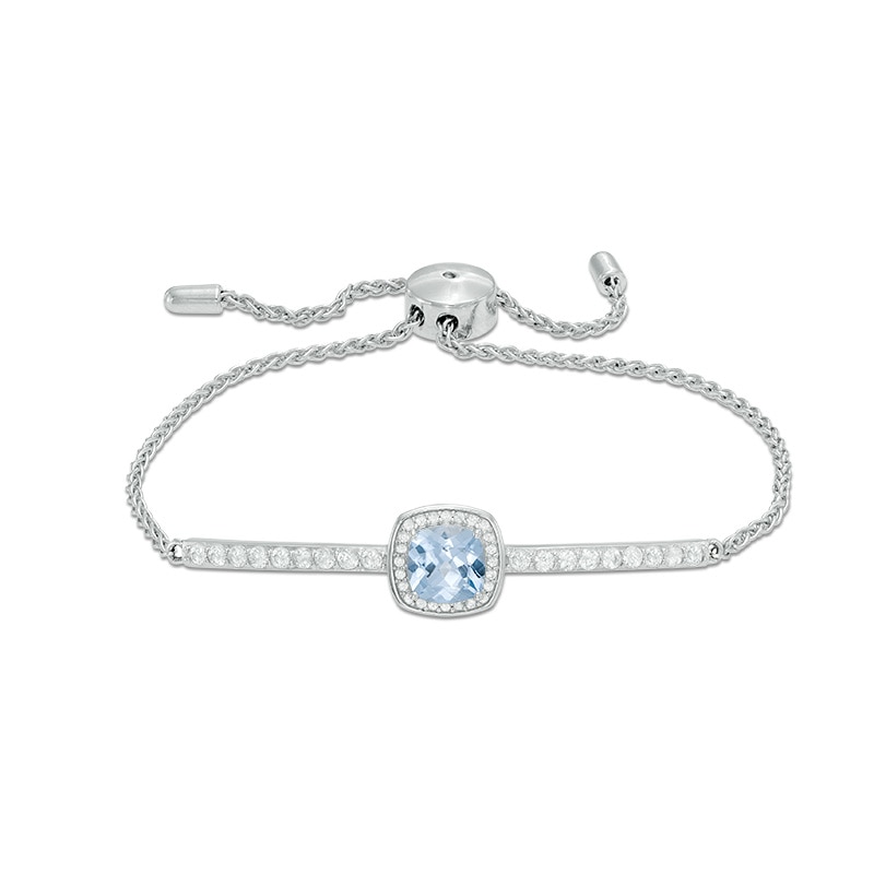 Main Image 1 of 7.0mm Cushion-Cut Lab-Created Blue Spinel and White Sapphire Frame Bolo Bracelet in Sterling Silver - 9.0"