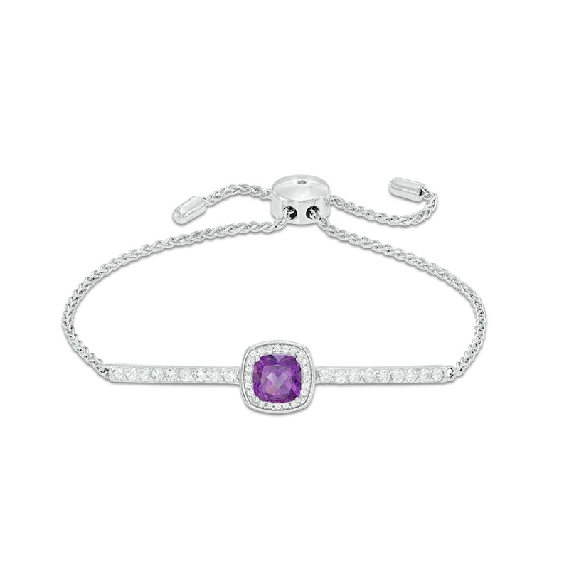 7.0mm Cushion-Cut Amethyst and Lab-Created White Sapphire Frame Bolo Bracelet in Sterling Silver - 9.0"