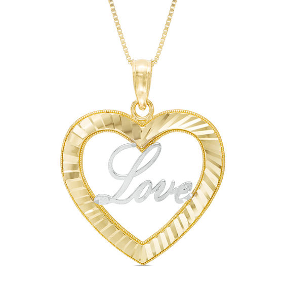 Diamond-Cut Heart with "Love" Pendant in 10K Two-Tone Gold