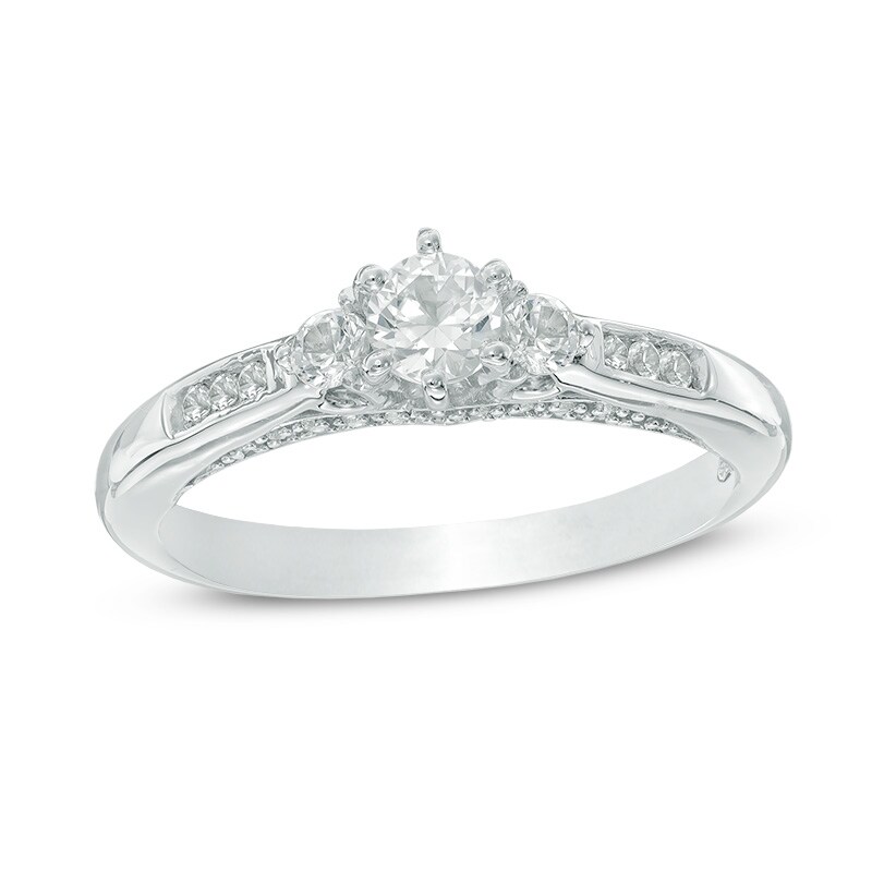 Main Image 1 of 4.0mm Lab-Created White Sapphire Three Stone Promise Ring in Sterling Silver