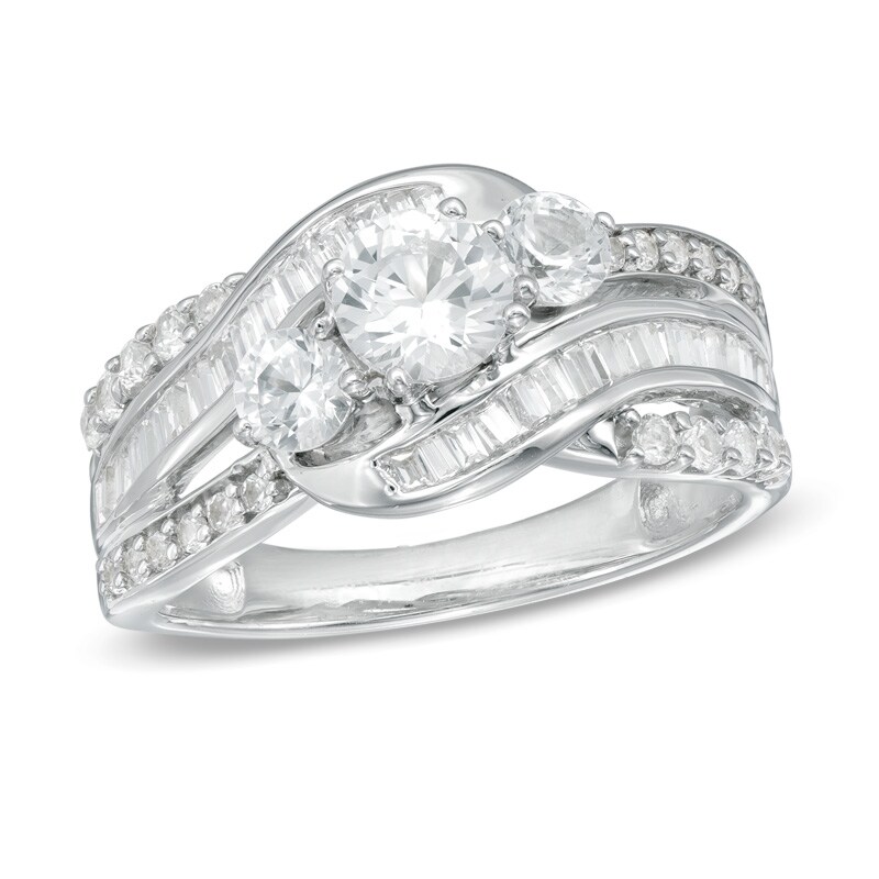 Main Image 1 of 5.0mm Lab-Created White Sapphire Three Stone Slant Ring in Sterling Silver