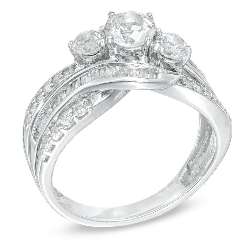 Main Image 2 of 5.0mm Lab-Created White Sapphire Three Stone Slant Ring in Sterling Silver