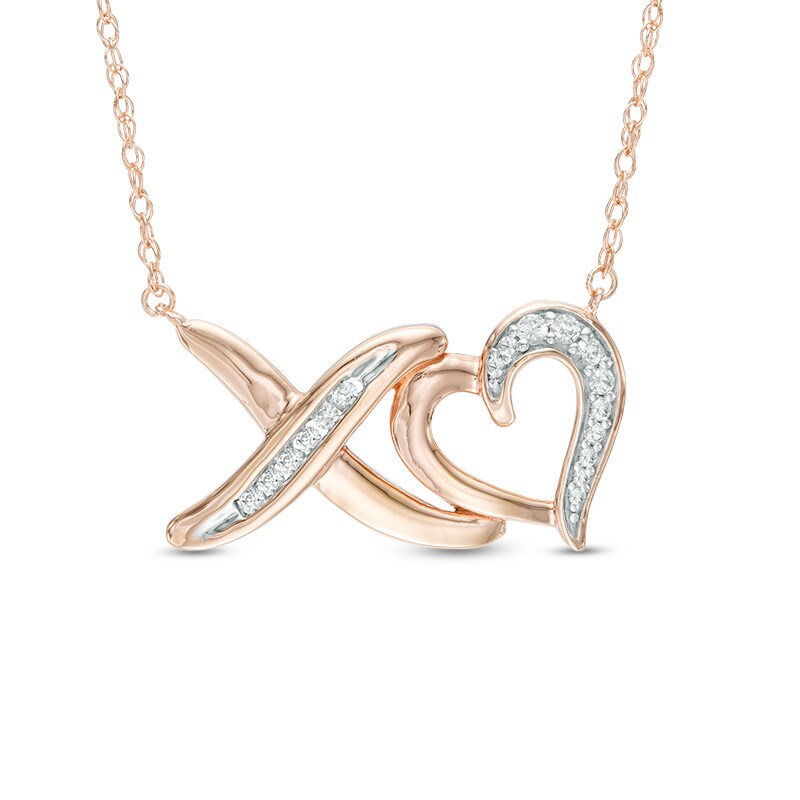 Main Image 1 of Lab-Created White Sapphire "XO" Heart Necklace in Sterling Silver with 14K Rose Gold Plate