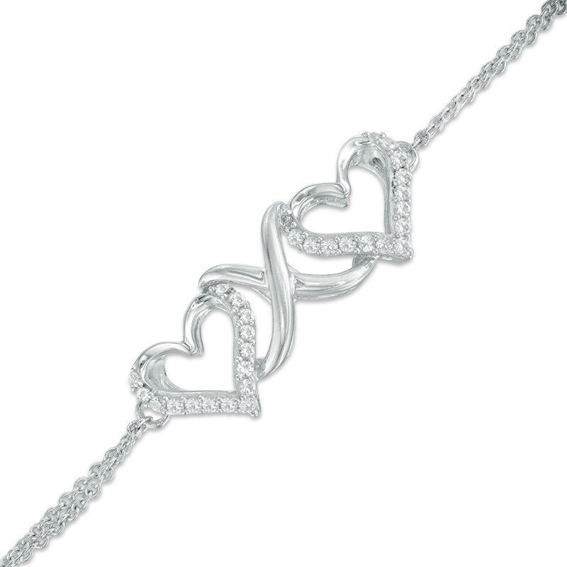 Main Image 1 of Lab-Created White Sapphire Double Heart Infinity Bracelet in Sterling Silver - 7.25"