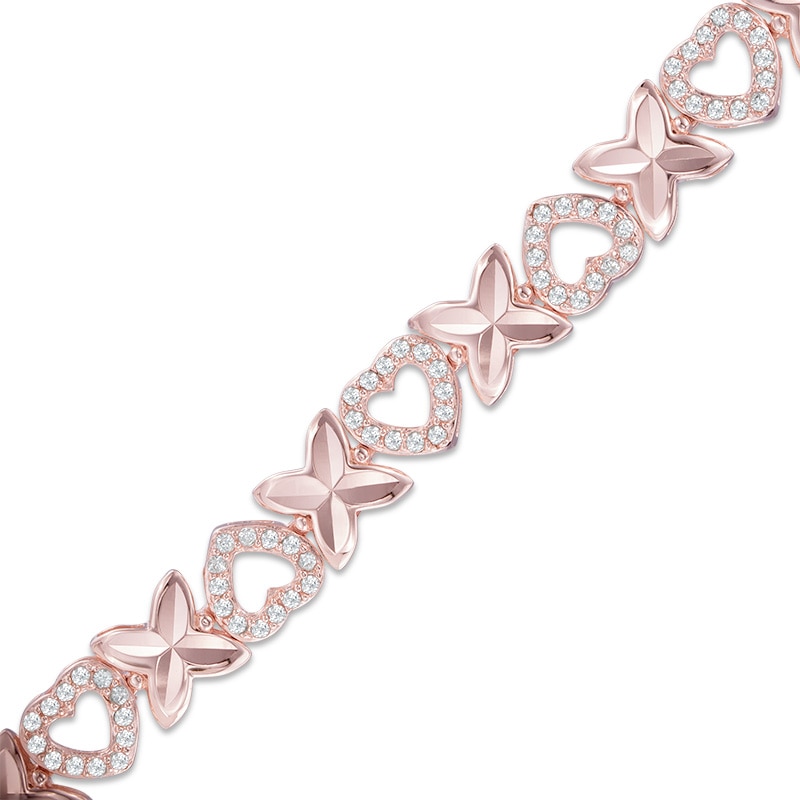 Main Image 1 of Lab-Created White Sapphire &quot;XO&quot; Heart Bracelet in Sterling Silver with 18K Rose Gold Plate - 7.25&quot;