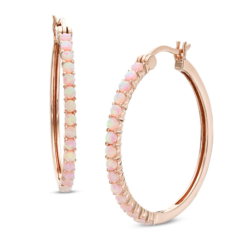 Main Image 1 of Lab-Created Pink Opal Hoop Earrings in Sterling Silver with 18K Rose Gold Plate