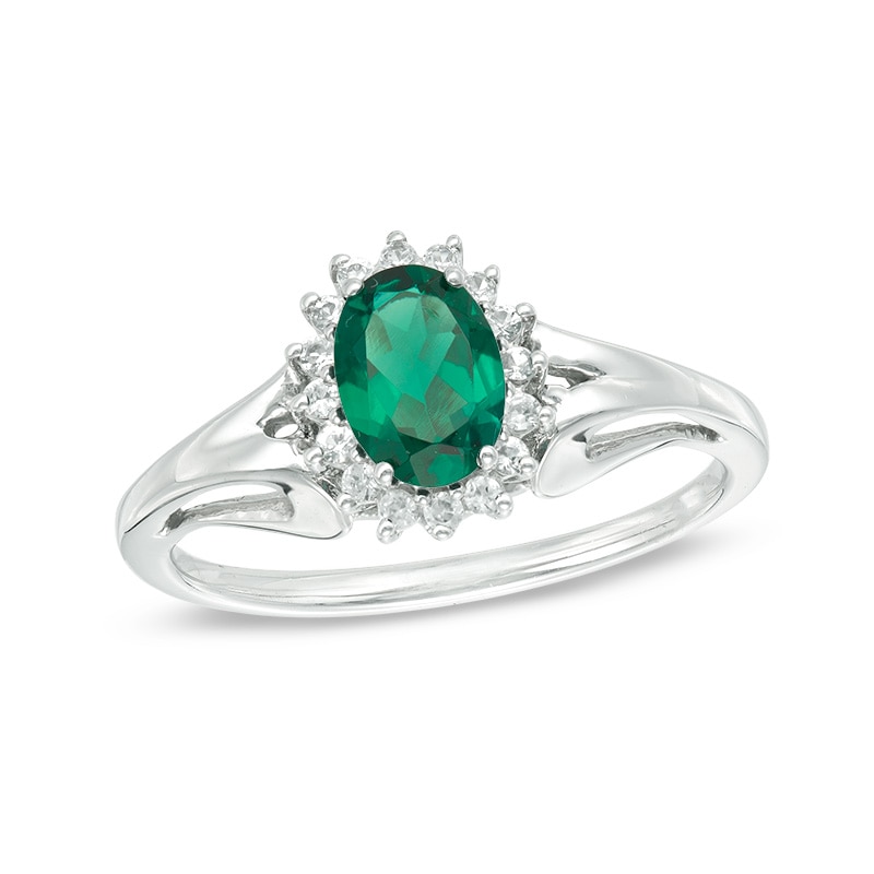 Main Image 1 of Oval Lab-Created Emerald and White Sapphire Sunburst Frame Ring in 10K White Gold