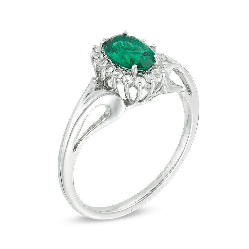 Main Image 2 of Oval Lab-Created Emerald and White Sapphire Sunburst Frame Ring in 10K White Gold