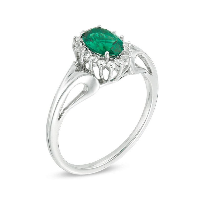 Oval Lab-Created Emerald and White Sapphire Sunburst Frame Ring in 10K White Gold