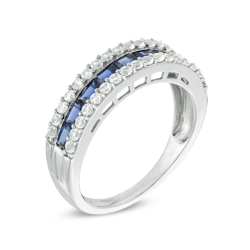 Lab-Created Blue and White Sapphire Three Row Band in Sterling Silver