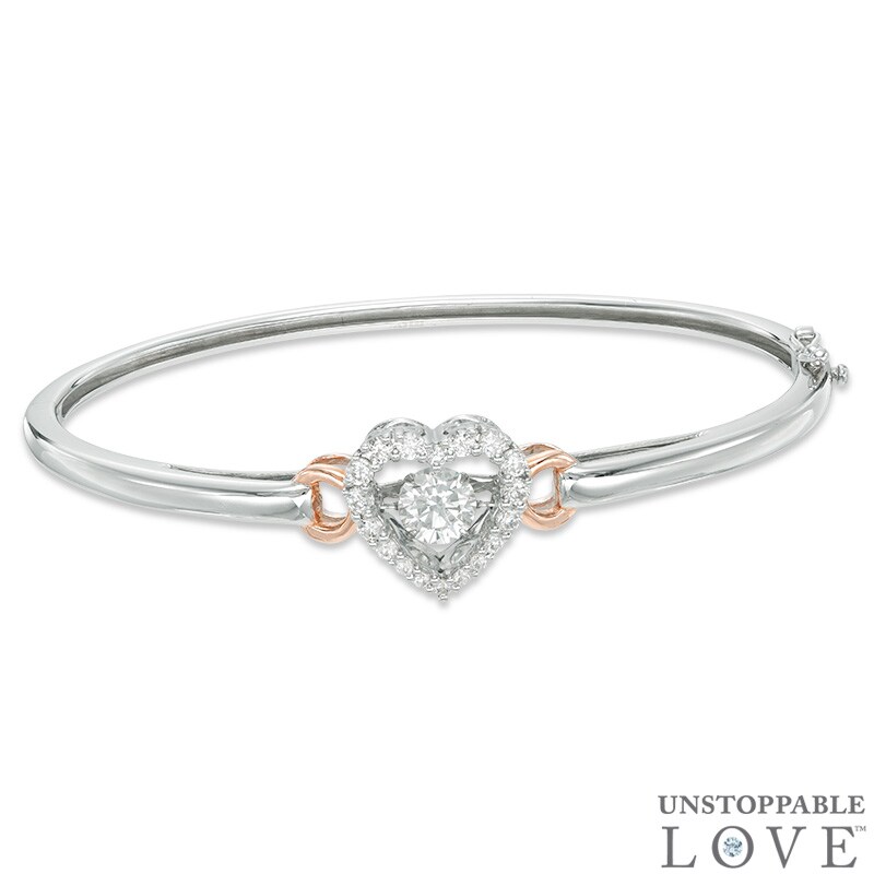 Lab-Created White Sapphire Heart Bangle in Sterling Silver and 14K Rose Gold Plate - 8"