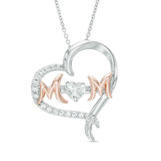 Lab-Created White Sapphire Mom Heart Pendant in Sterling Silver and 14K Rose Gold Plate