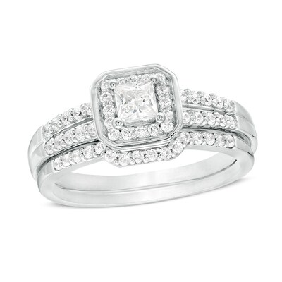 1 2 Ct T W Princess Cut Diamond Cushion Frame Bridal Set In