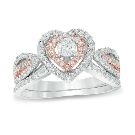 5/8 CT. T.w. Diamond Double Heart Frame Bridal Set in 10K Two-Tone Gold