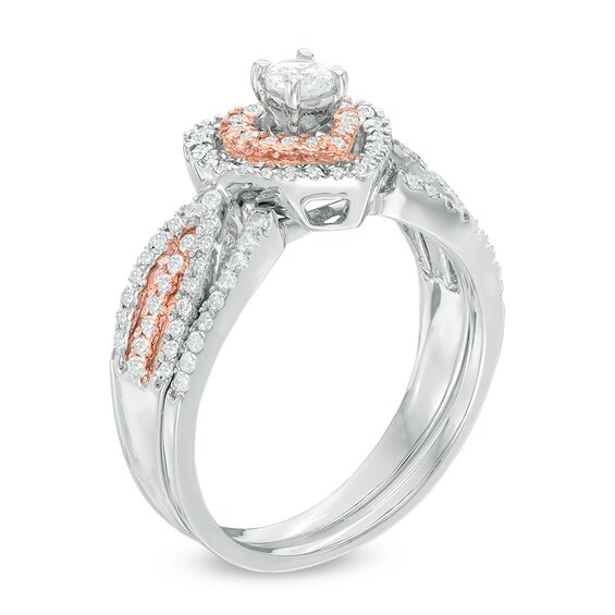 5/8 CT. T.w. Diamond Double Heart Frame Bridal Set in 10K Two-Tone Gold