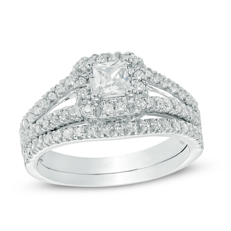 Main Image 1 of 3/4 CT. T.W. Princess-Cut Diamond Cushion Frame Split Shank Bridal Set in 10K White Gold
