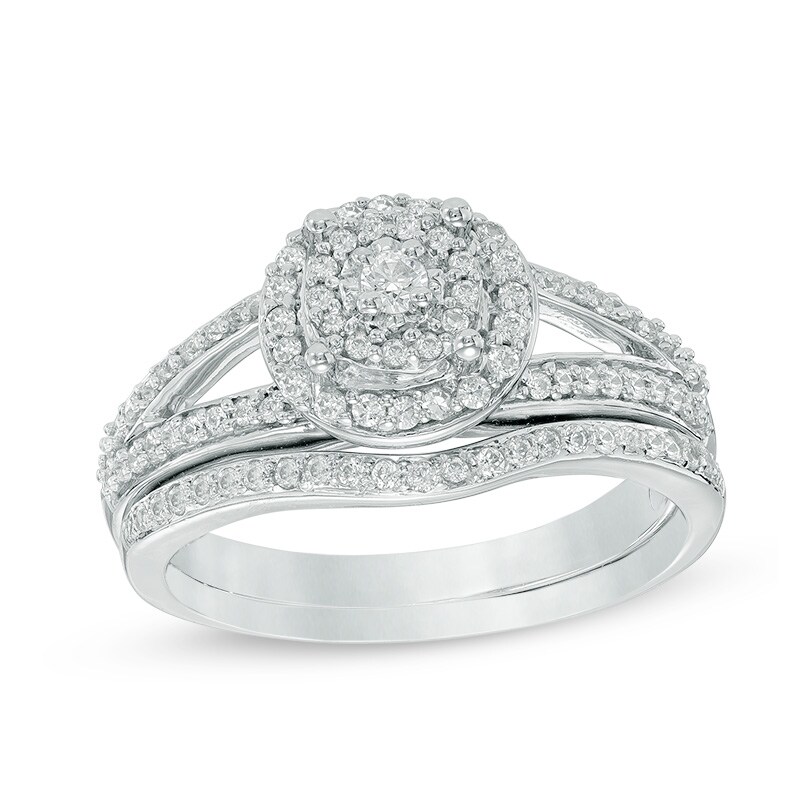 Main Image 1 of 1/2 CT. T.W. Composite Diamond Double Frame Split Shank Bridal Set in 10K White Gold