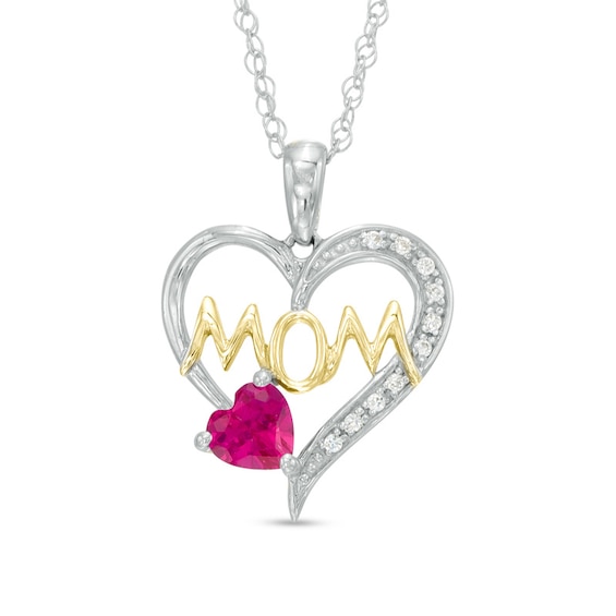 5.0mm Lab-Created Ruby and White Sapphire Mom Heart Pendant in Sterling Silver and 14K Gold Plate