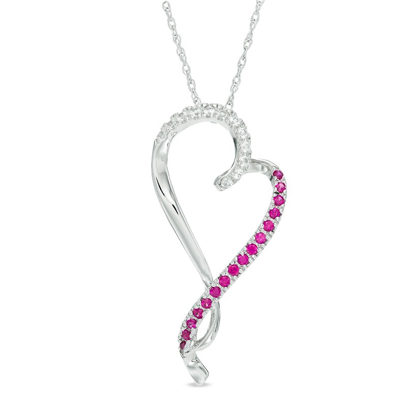 Lab-Created Ruby and White Sapphire Tilted Ribbon Heart Pendant in Sterling Silver