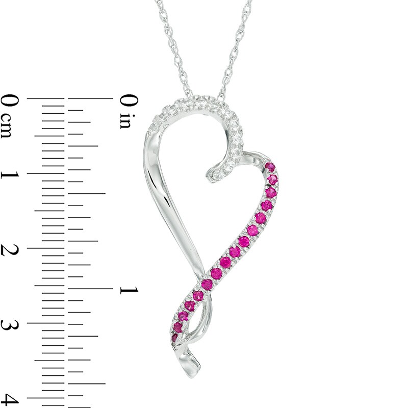 Lab-Created Ruby and White Sapphire Tilted Ribbon Heart Pendant in Sterling Silver