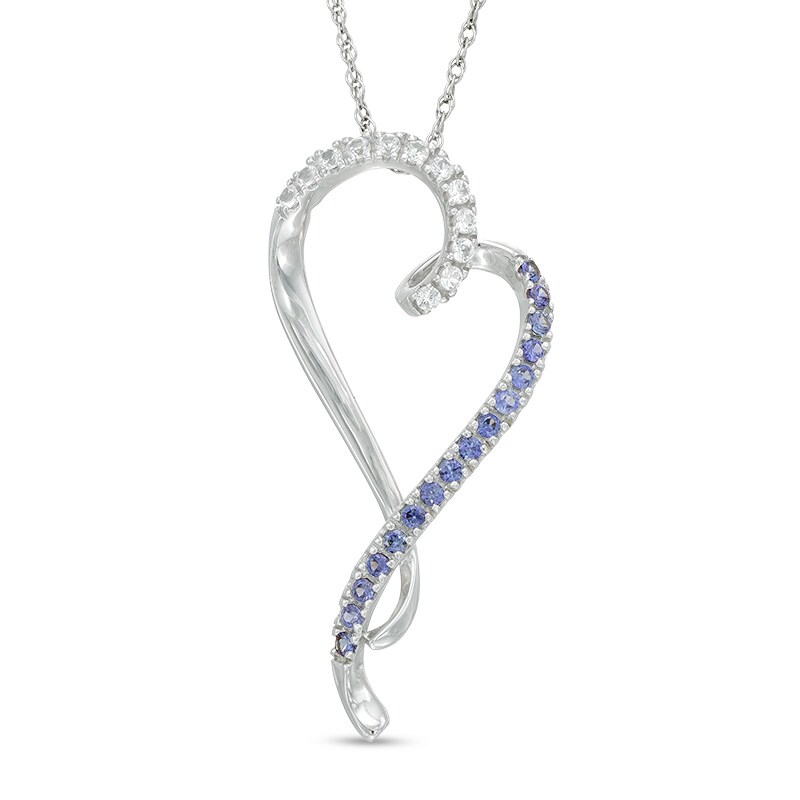 Main Image 1 of Tanzanite and Lab-Created White Sapphire Tilted Ribbon Heart Pendant in Sterling Silver