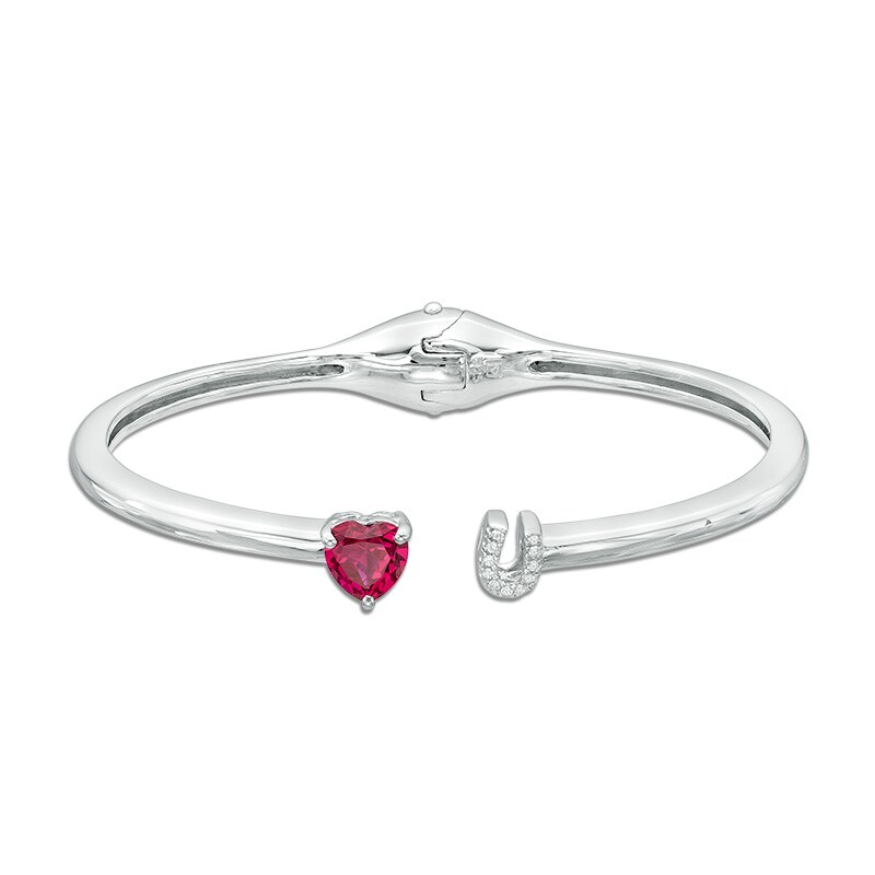Main Image 1 of 7.0mm Heart-Shaped Lab-Created Ruby and White Sapphire Hinged Cuff in Sterling Silver