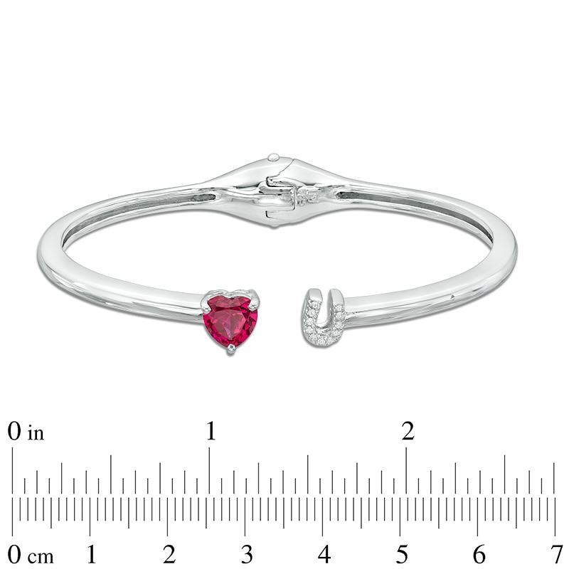 Main Image 2 of 7.0mm Heart-Shaped Lab-Created Ruby and White Sapphire Hinged Cuff in Sterling Silver