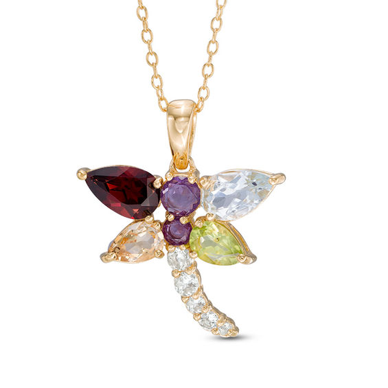 Multi-Gemstone Dragonfly Pendant in Sterling Silver with 18K Gold Plate