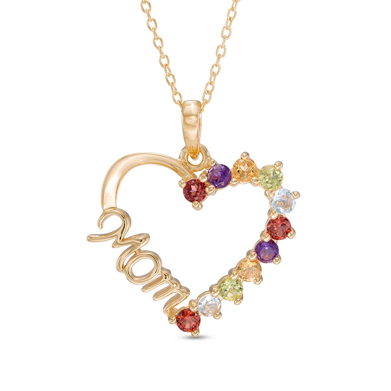 Main Image 1 of Multi-Gemstone "Mom" Heart Pendant in Sterling Silver with 18K Gold Plate
