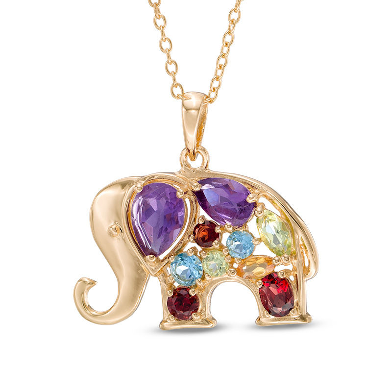 Multi-Gemstone Elephant Pendant in Sterling Silver with 18K Gold
