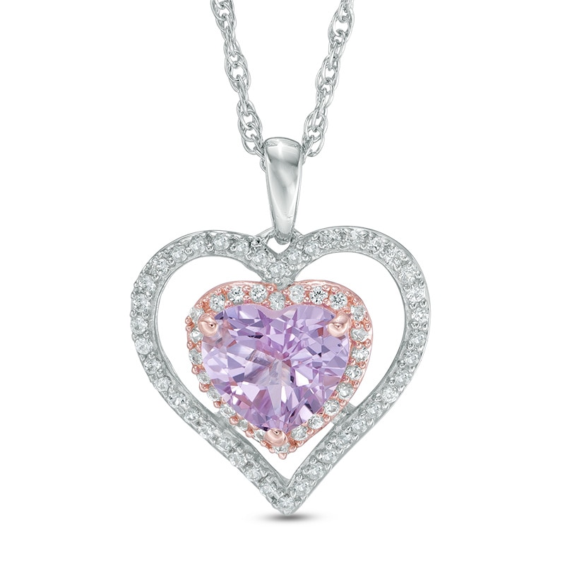 Rose de France Amethyst and Lab-Created White Sapphire Frame Heart Pendant in Sterling Silver with 14K Rose Gold Plate
