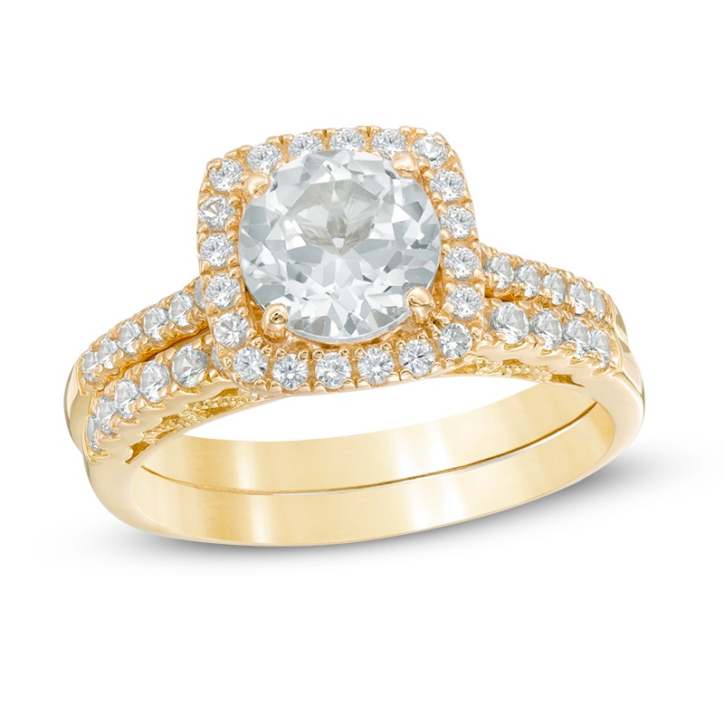 Main Image 1 of 7.0mm Lab-Created White Sapphire Square Frame Bridal Set in Sterling Silver with 14K Gold Plate