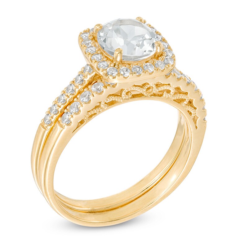 Main Image 2 of 7.0mm Lab-Created White Sapphire Square Frame Bridal Set in Sterling Silver with 14K Gold Plate